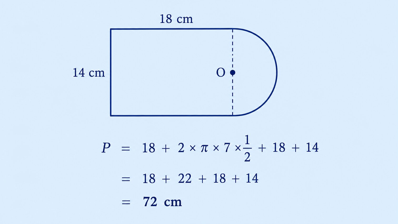 Rectangle measuring 18 cm by 14 cm with a semicircular curve replacing the right side, centre O marked