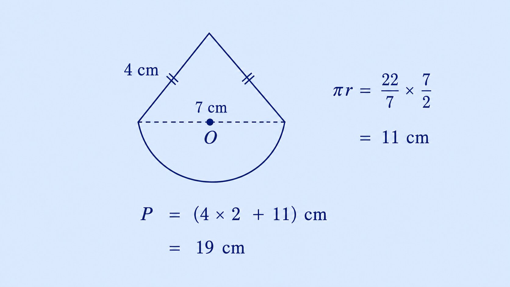 Kite shaped figure with two 4 cm sides meeting at a point above a 7 cm semicircular base, centre O marked